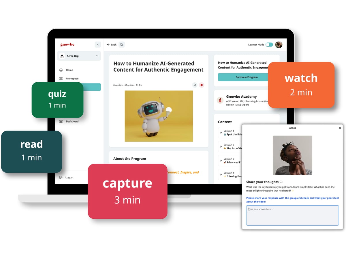 A Gnowbe program open on a tablet, its actions labelled watch 2 min, read 1 min, quiz 1 min and capture 3 min, with a reflection prompt asking the learner to share a takeaway
