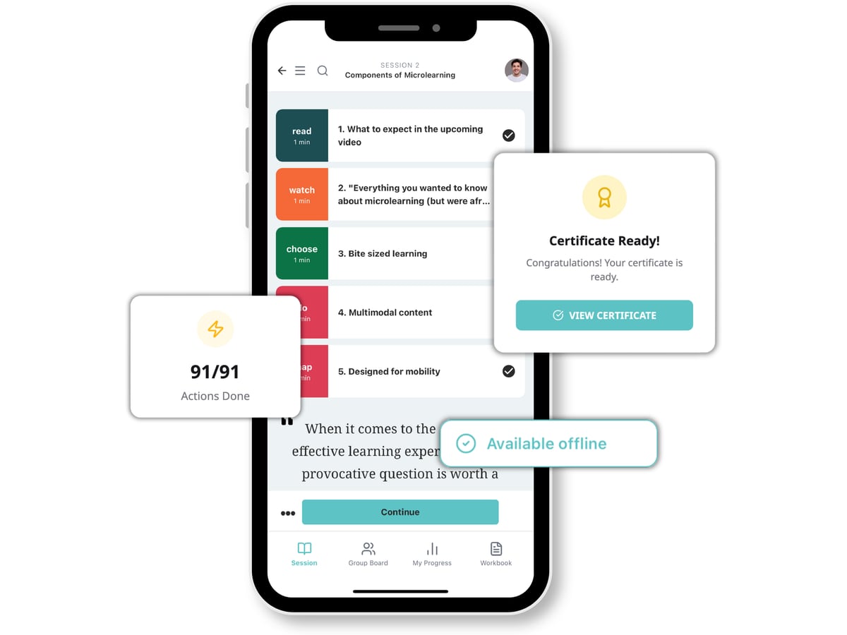 A Gnowbe session on a phone with all 91 actions done, a certificate ready to view, and an available offline badge