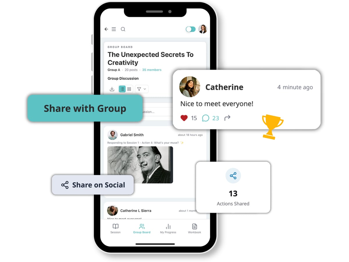 The Gnowbe group board on a phone, showing teammates posting responses, a share with group control, and a count of thirteen actions shared