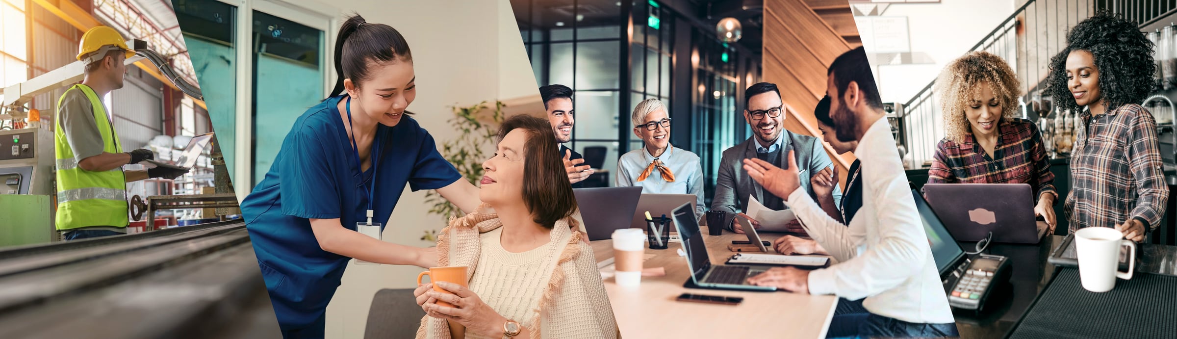 Four workplaces side by side: a warehouse operator with a tablet, a nurse with a patient, a management team round a laptop, and two colleagues at a café counter