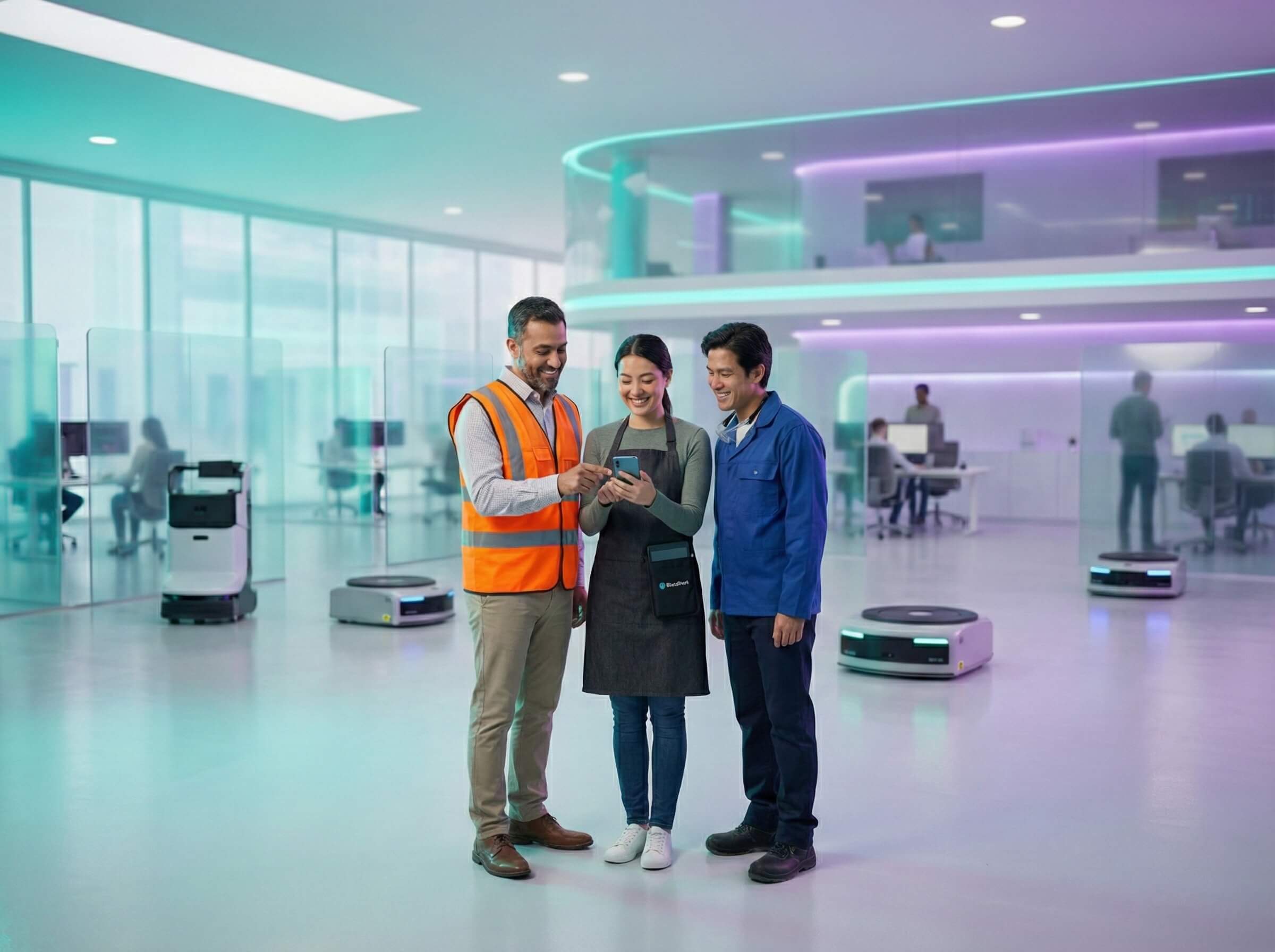 Diverse workforce collaborating with mobile learning technology in a modern workplace